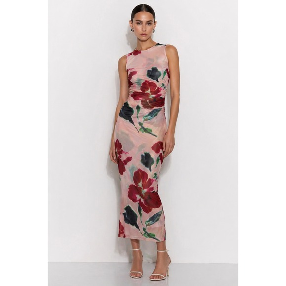 MINKPINK Dresses & Skirts - Minkpink Abella Mesh Midi Dress Red Floral Ruched Bodycon Size M NWT